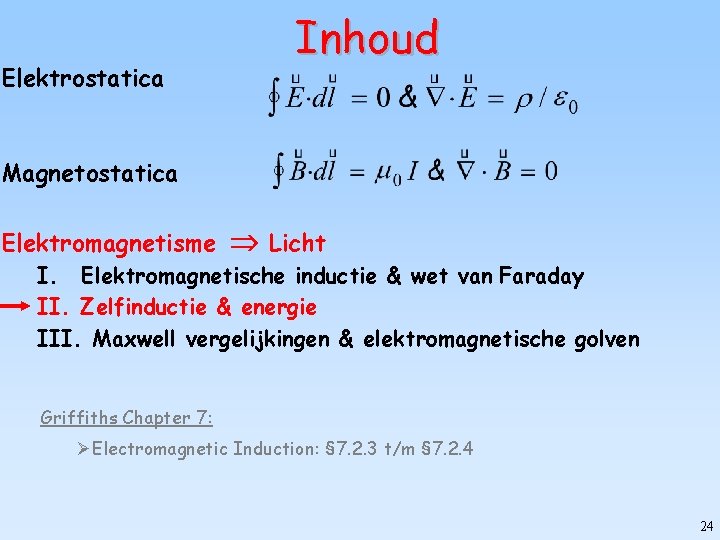 Elektrostatica Inhoud Magnetostatica Elektromagnetisme Licht I. Elektromagnetische inductie & wet van Faraday II. Zelfinductie