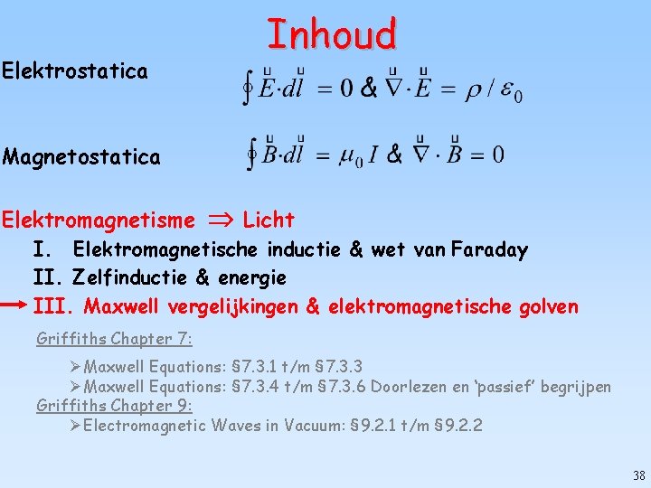 Elektrostatica Inhoud Magnetostatica Elektromagnetisme Licht I. Elektromagnetische inductie & wet van Faraday II. Zelfinductie