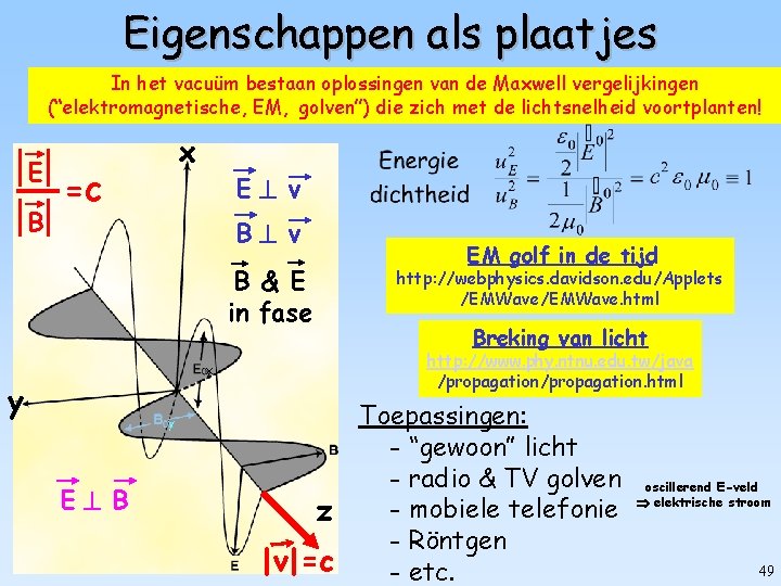 Eigenschappen als plaatjes In het vacuüm bestaan oplossingen van de Maxwell vergelijkingen (“elektromagnetische, EM,