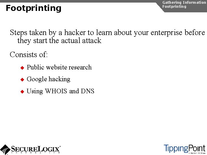 Footprinting Gathering Information Footprinting Steps taken by a hacker to learn about your enterprise