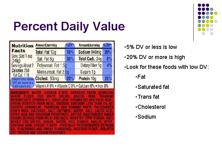 Percent Daily Value • 5% DV or less is low • 20% DV or Percent Daily Value • 5% DV or less is low • 20% DV or