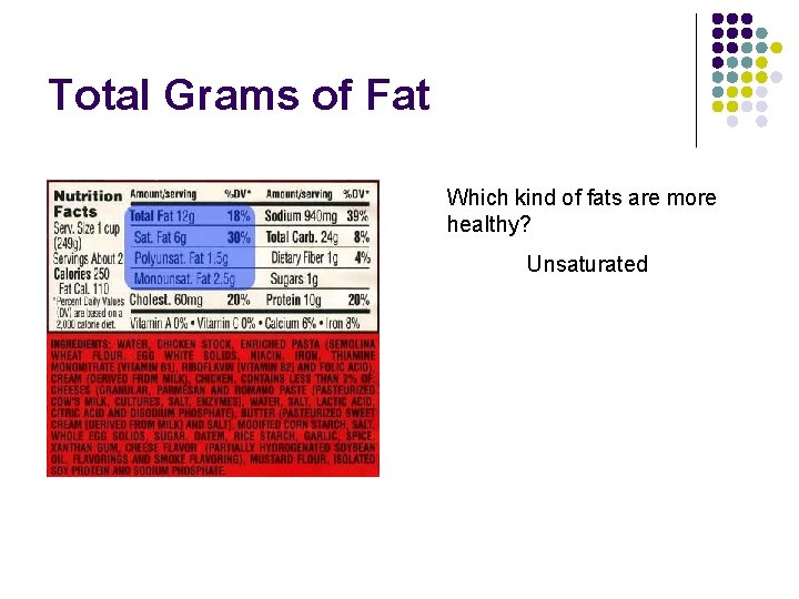 Total Grams of Fat Which kind of fats are more healthy? Unsaturated Total Grams of Fat Which kind of fats are more healthy? Unsaturated