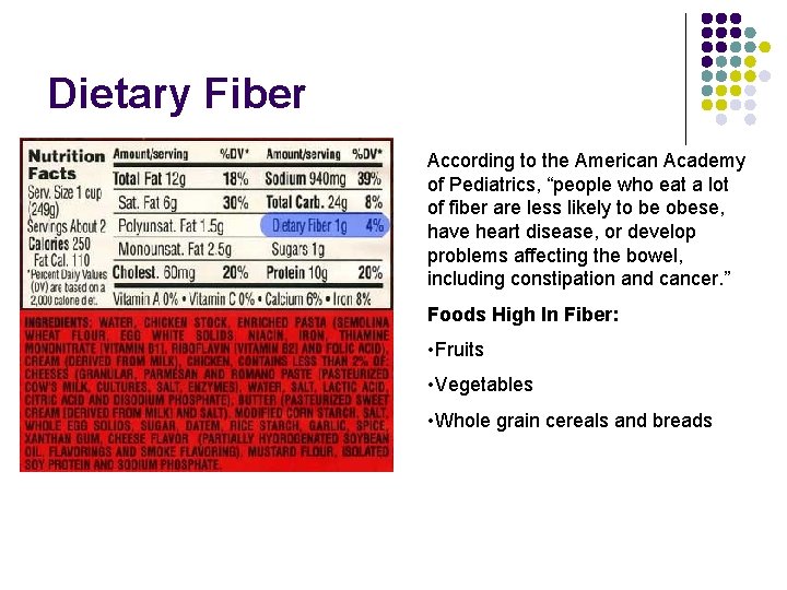 Dietary Fiber According to the American Academy of Pediatrics, “people who eat a lot Dietary Fiber According to the American Academy of Pediatrics, “people who eat a lot