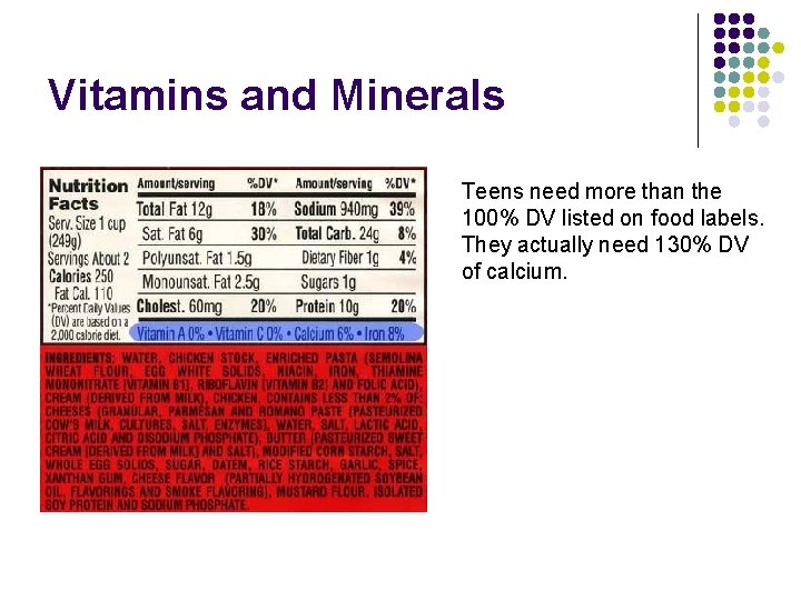 Vitamins and Minerals Teens need more than the 100% DV listed on food labels. Vitamins and Minerals Teens need more than the 100% DV listed on food labels.