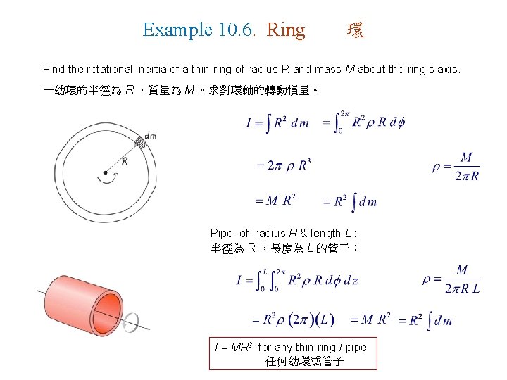 Example 10. 6. Ring 環 Find the rotational inertia of a thin ring of