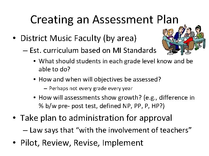 Creating an Assessment Plan • District Music Faculty (by area) – Est. curriculum based