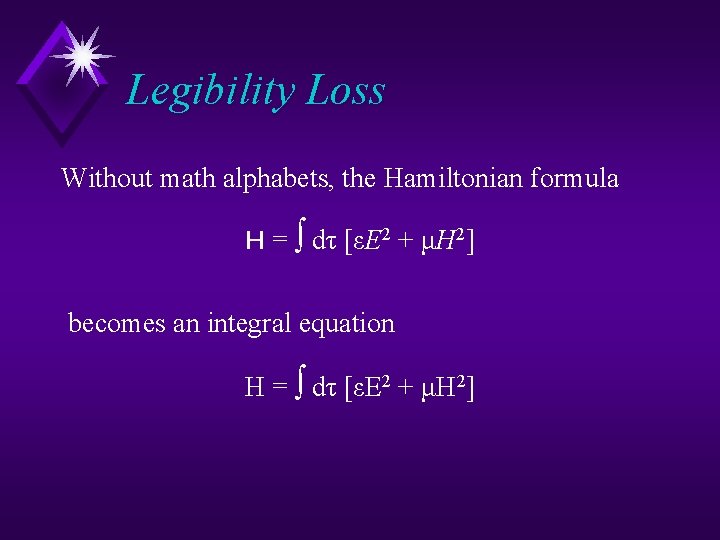 Legibility Loss Without math alphabets, the Hamiltonian formula H = dτ [εE 2 +