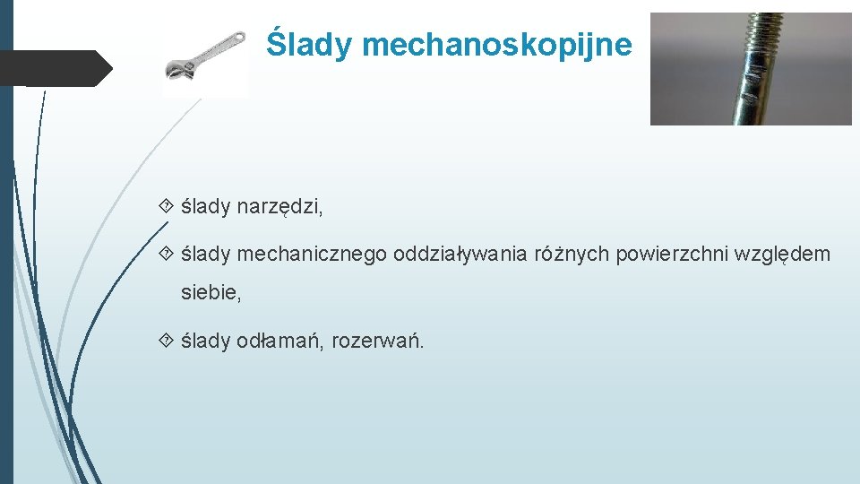 Ślady mechanoskopijne ślady narzędzi, ślady mechanicznego oddziaływania różnych powierzchni względem siebie, ślady odłamań, rozerwań.