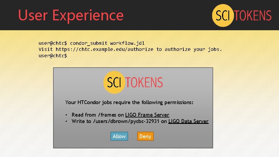 User Experience user@chtc$ condor_submit workflow. jdl Visit https: //chtc. example. edu/authorize to authorize your