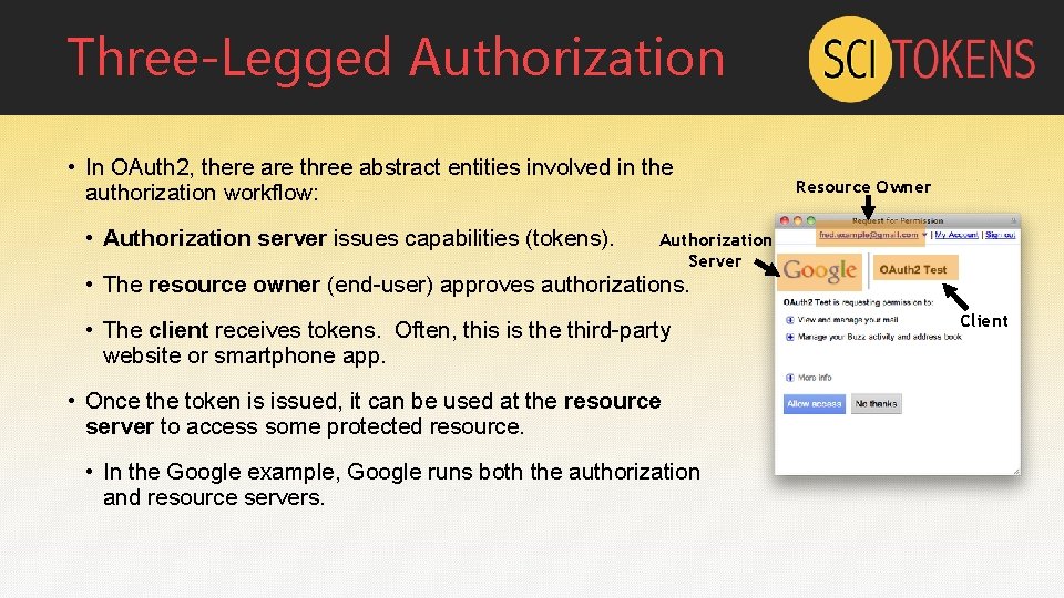 Three-Legged Authorization • In OAuth 2, there are three abstract entities involved in the