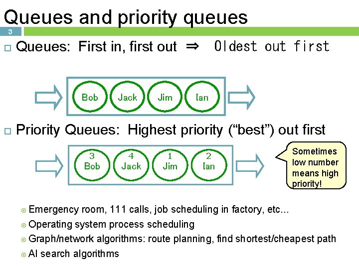 Queues and priority queues 3 Queues: First in, first out ⇒ Bob Jack Jim Queues and priority queues 3 Queues: First in, first out ⇒ Bob Jack Jim