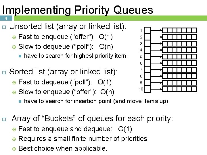Implementing Priority Queues 4 Unsorted list (array or linked list): Fast to enqueue (“offer”): Implementing Priority Queues 4 Unsorted list (array or linked list): Fast to enqueue (“offer”):