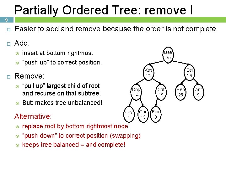 Partially Ordered Tree: remove I 9 Easier to add and remove because the order Partially Ordered Tree: remove I 9 Easier to add and remove because the order