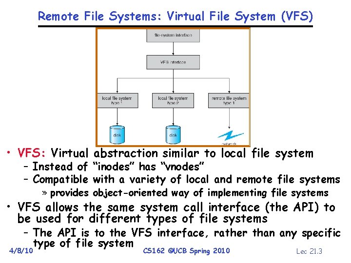 Remote File Systems: Virtual File System (VFS) • VFS: Virtual abstraction similar to local