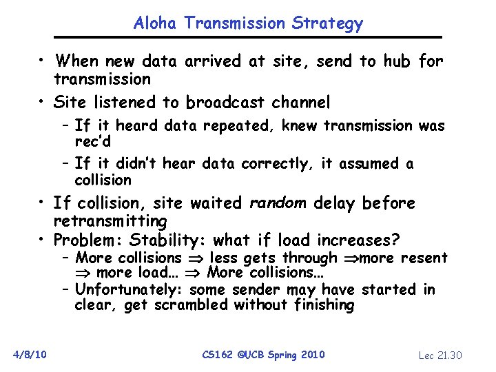 Aloha Transmission Strategy • When new data arrived at site, send to hub for