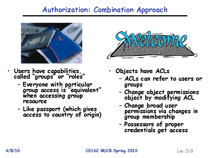 Authorization: Combination Approach • Users have capabilities, called “groups” or “roles” – Everyone with