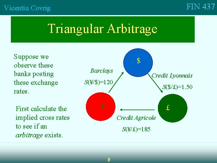 FIN 437 Vicentiu Covrig Triangular Arbitrage Suppose we observe these banks posting these exchange