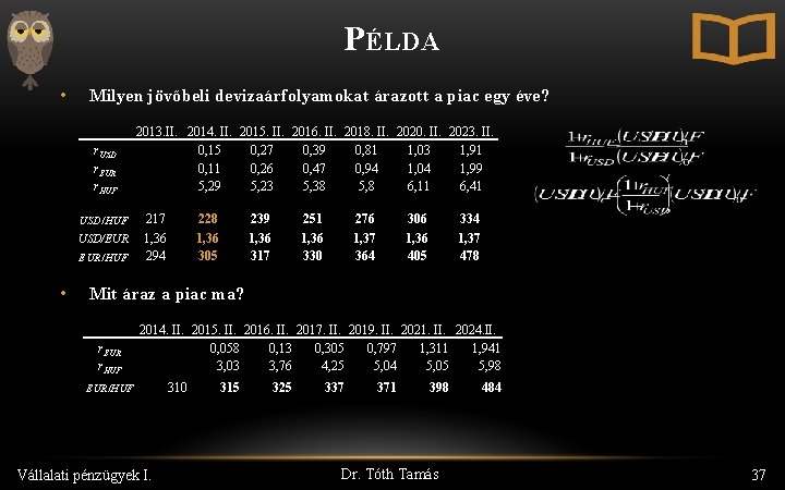 PÉLDA • Milyen jövőbeli devizaárfolyamokat árazott a piac egy éve? r. USD r. EUR