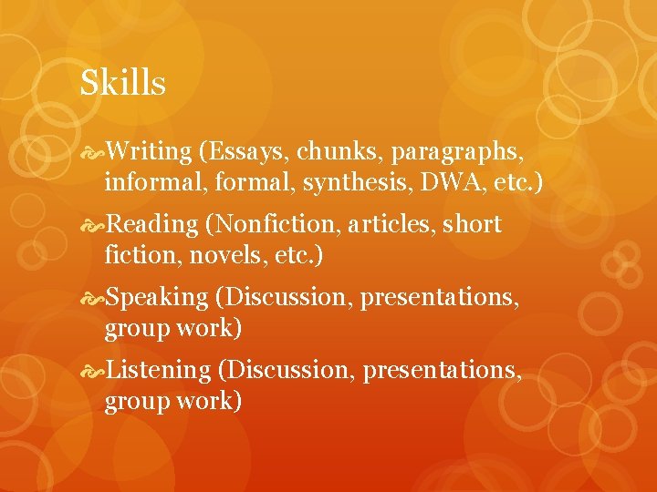 Skills Writing (Essays, chunks, paragraphs, informal, synthesis, DWA, etc. ) Reading (Nonfiction, articles, short