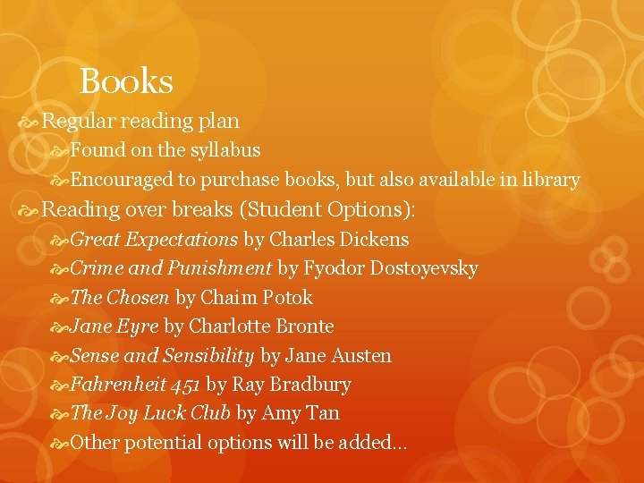 Books Regular reading plan Found on the syllabus Encouraged to purchase books, but also