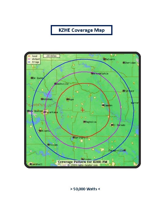 KZHE Coverage Map > 50, 000 Watts < 