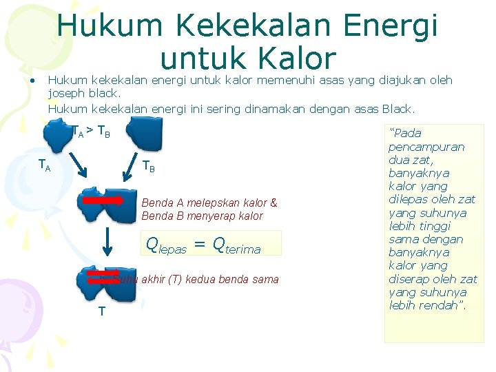  • Hukum Kekekalan Energi untuk Kalor Hukum kekekalan energi untuk kalor memenuhi asas