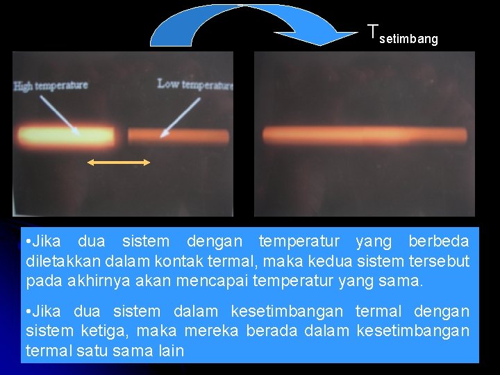 Tsetimbang • Jika dua sistem dengan temperatur yang berbeda diletakkan dalam kontak termal, maka