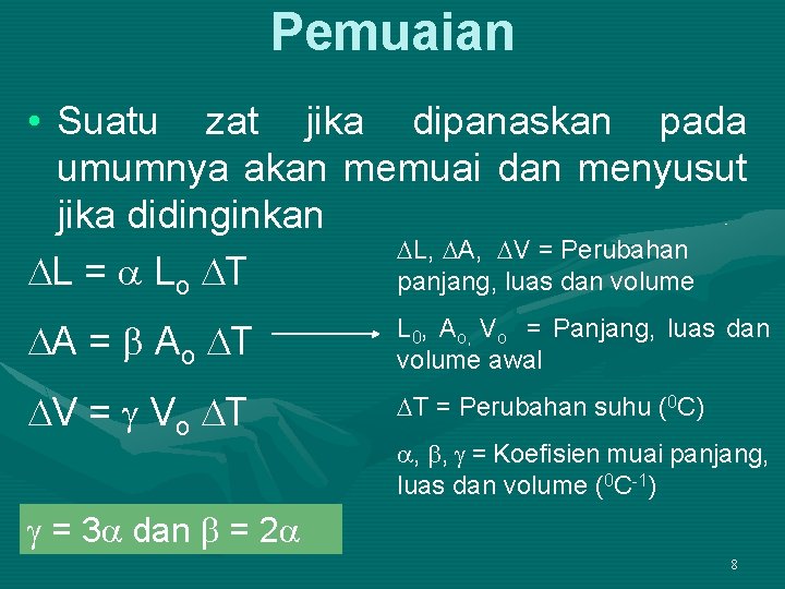 Pemuaian • Suatu zat jika dipanaskan pada umumnya akan memuai dan menyusut jika didinginkan