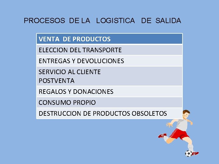 PROCESOS DE LA LOGISTICA DE SALIDA VENTA DE PRODUCTOS ELECCION DEL TRANSPORTE ENTREGAS Y