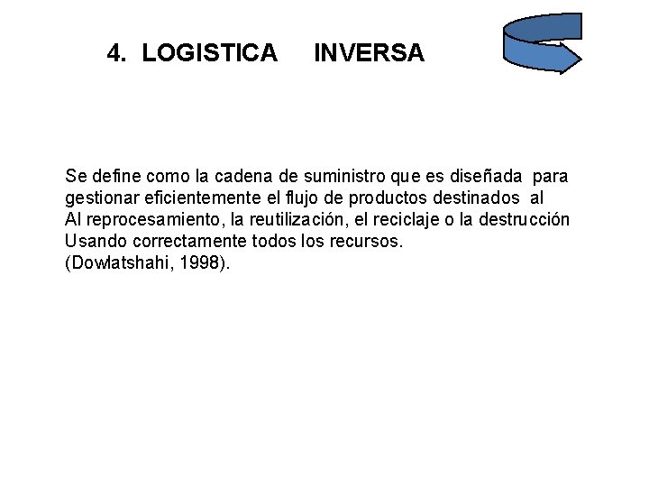 4. LOGISTICA INVERSA Se define como la cadena de suministro que es diseñada para