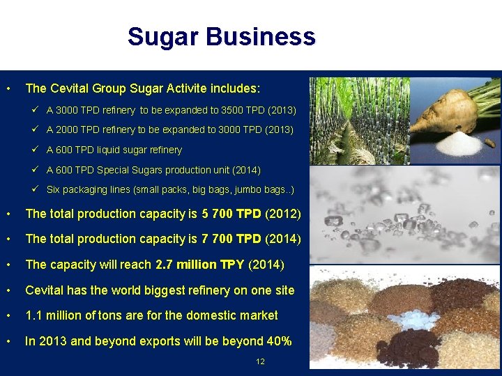 Sugar Business • The Cevital Group Sugar Activite includes: ü A 3000 TPD refinery