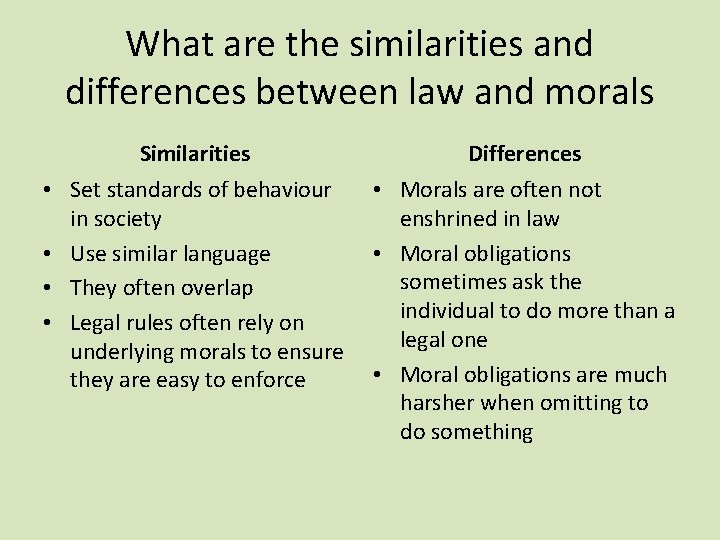 What are the similarities and differences between law and morals Similarities Differences • Set