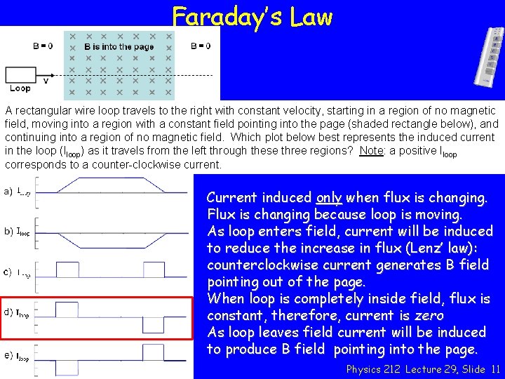 Faraday’s Law A rectangular wire loop travels to the right with constant velocity, starting