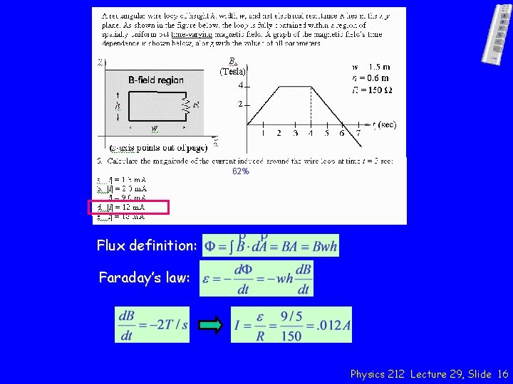 62% Flux definition: Faraday’s law: Physics 212 Lecture 29, Slide 16 