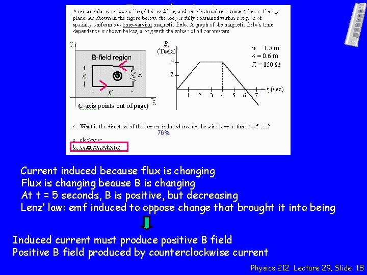 Faraday’s Law 76% Current induced because flux is changing Flux is changing beause B