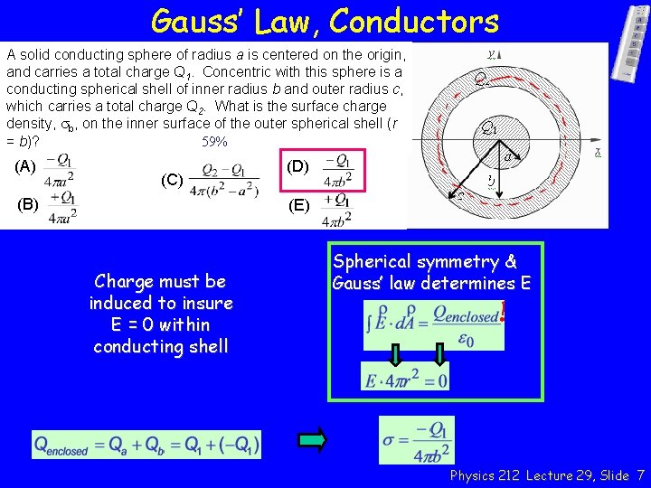 Gauss’ Law, Conductors A solid conducting sphere of radius a is centered on the