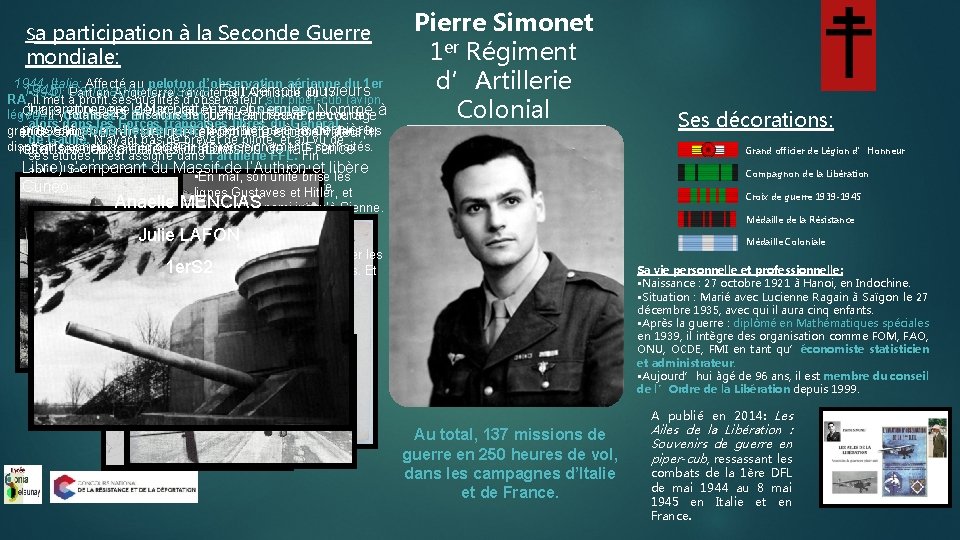 Sa participation à la Seconde Guerre mondiale: 1944, Italie: Affecté au peloton d’observation aérienne Sa participation à la Seconde Guerre mondiale: 1944, Italie: Affecté au peloton d’observation aérienne