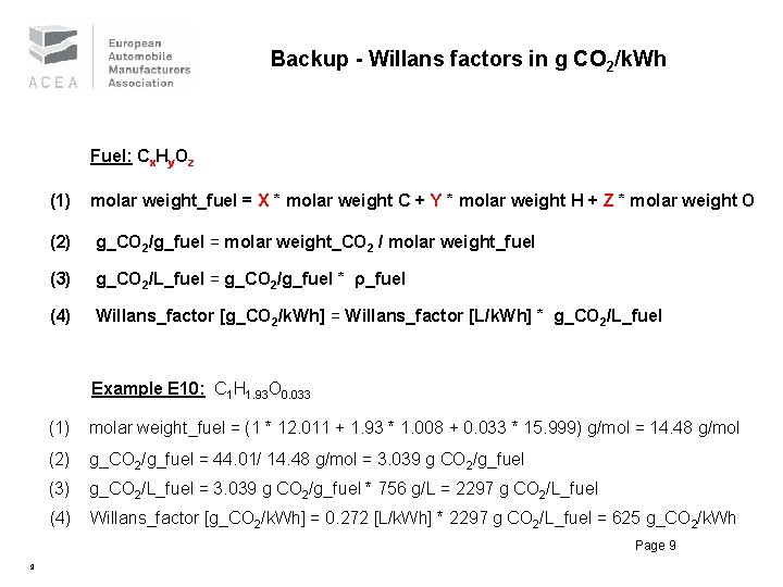 Backup - Willans factors in g CO 2/k. Wh Fuel: Cx. Hy. Oz (1)