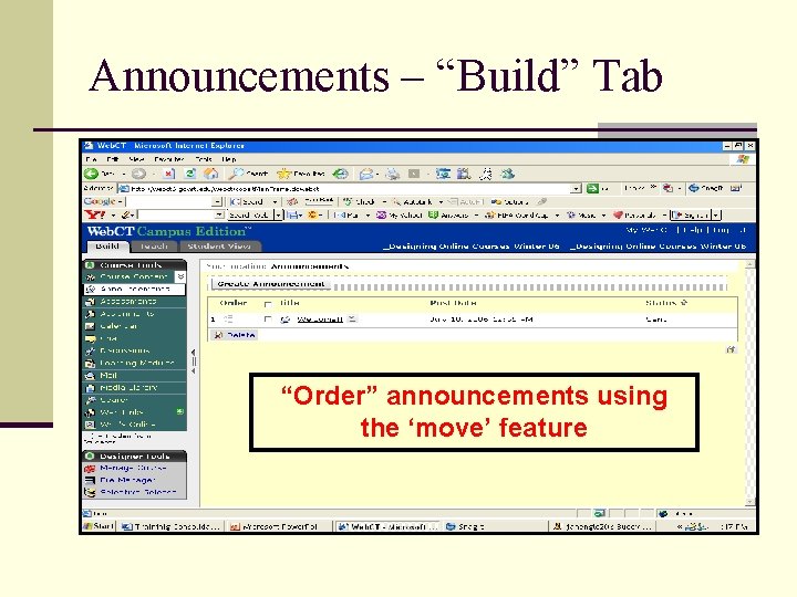 Announcements – “Build” Tab “Order” announcements using the ‘move’ feature 