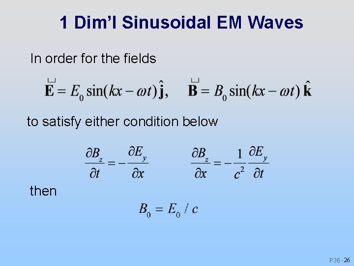 1 Dim’l Sinusoidal EM Waves In order for the fields to satisfy either condition 1 Dim’l Sinusoidal EM Waves In order for the fields to satisfy either condition