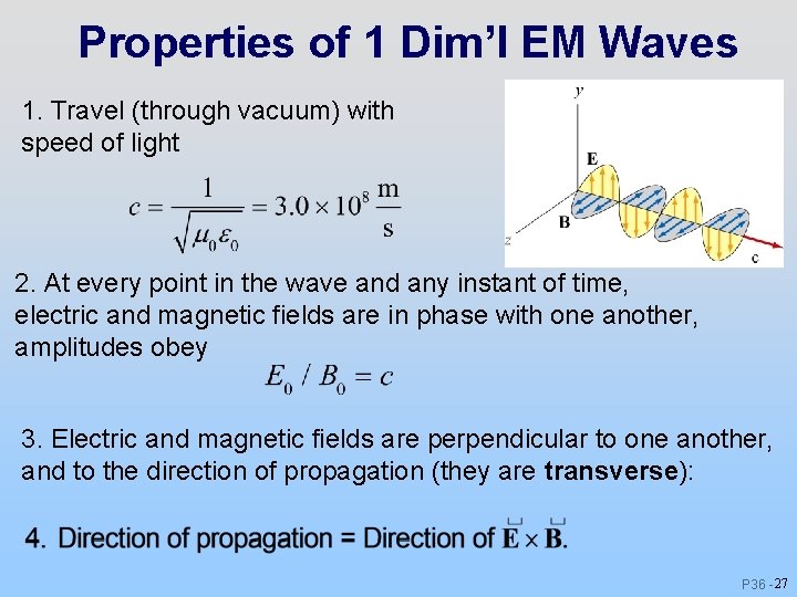 Properties of 1 Dim’l EM Waves 1. Travel (through vacuum) with speed of light Properties of 1 Dim’l EM Waves 1. Travel (through vacuum) with speed of light