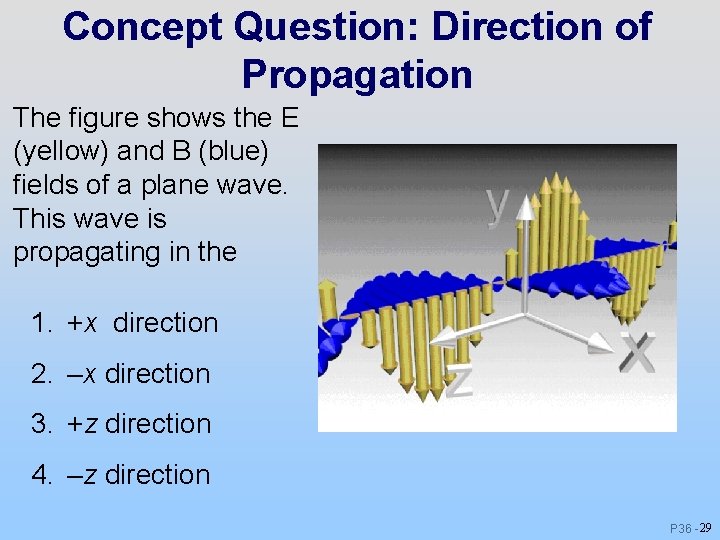 Concept Question: Direction of Propagation The figure shows the E (yellow) and B (blue) Concept Question: Direction of Propagation The figure shows the E (yellow) and B (blue)