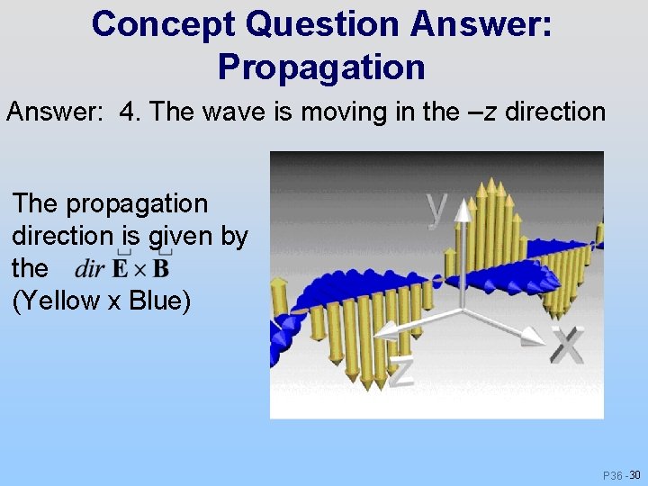 Concept Question Answer: Propagation Answer: 4. The wave is moving in the –z direction Concept Question Answer: Propagation Answer: 4. The wave is moving in the –z direction