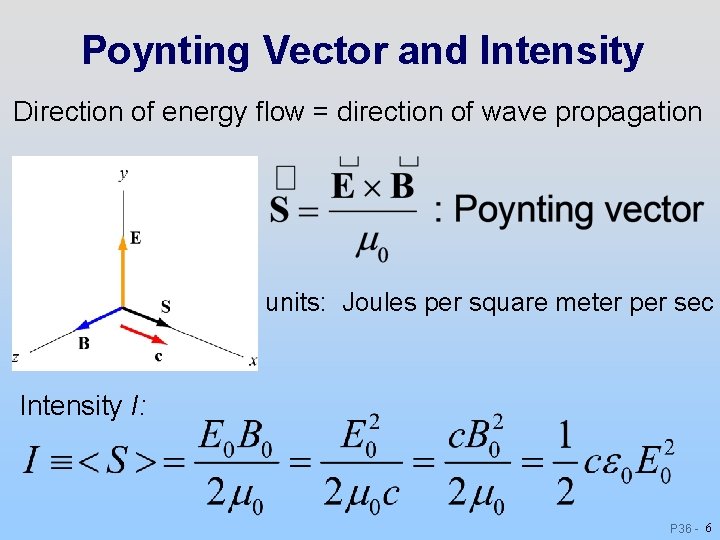 Poynting Vector and Intensity Direction of energy flow = direction of wave propagation units: Poynting Vector and Intensity Direction of energy flow = direction of wave propagation units: