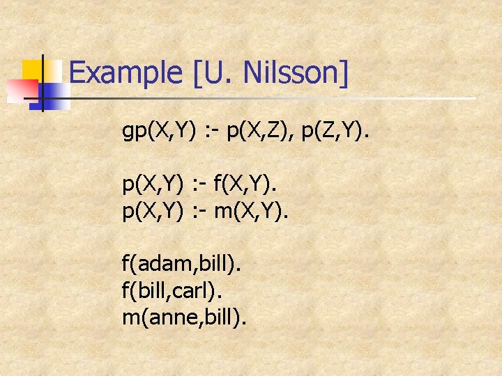 Example [U. Nilsson] gp(X, Y) : - p(X, Z), p(Z, Y). p(X, Y) :