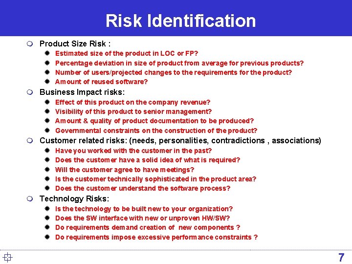 Risk Identification m Product Size Risk : ® Estimated size of the product in