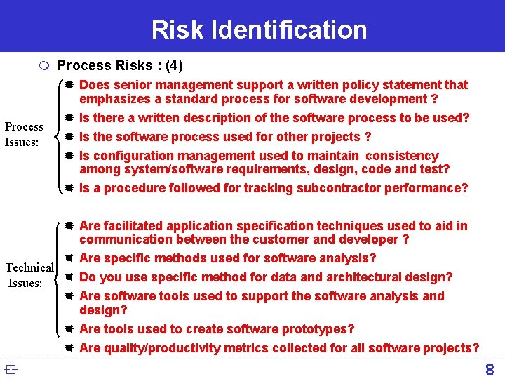 Risk Identification m Process Risks : (4) ® Does senior management support a written