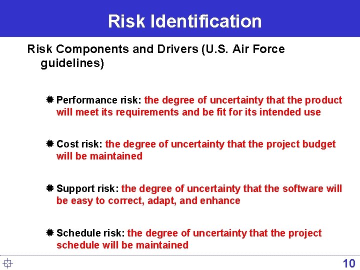 Risk Identification Risk Components and Drivers (U. S. Air Force guidelines) ® Performance risk: