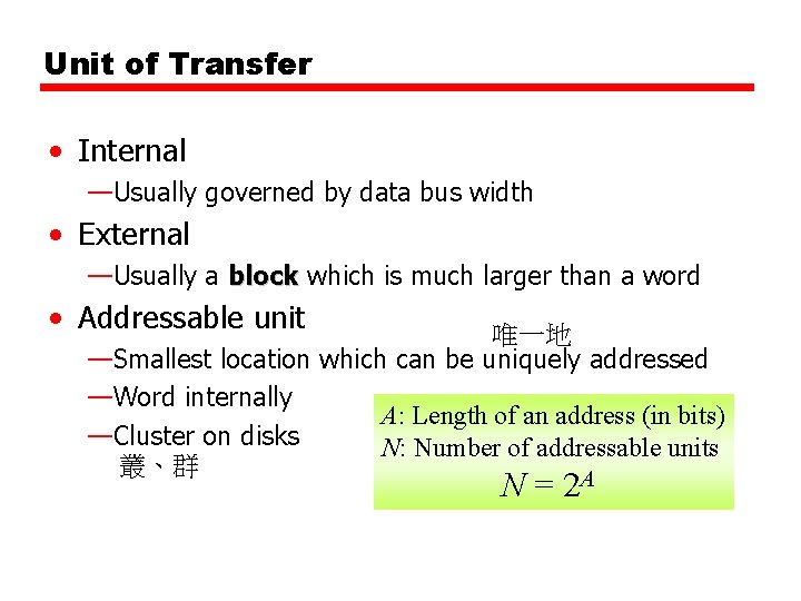 Unit of Transfer • Internal —Usually governed by data bus width • External —Usually