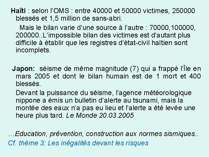 Haïti : selon l’OMS : entre 40000 et 50000 victimes, 250000 blessés et 1,